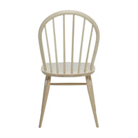 Natural wood finish with a light, beige color and a classic spindle-back design. Simple and elegant style.