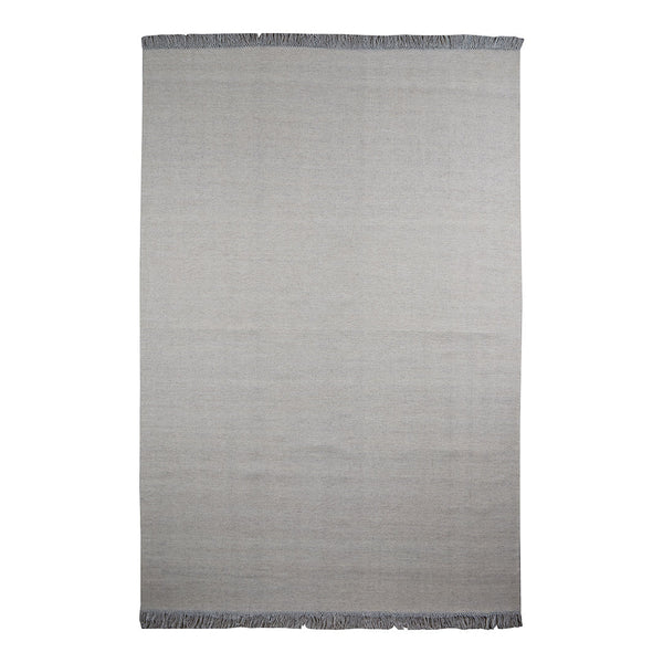 Light gray woven rug with a subtle texture and dark gray fringed edges, perfect for minimalist decor.