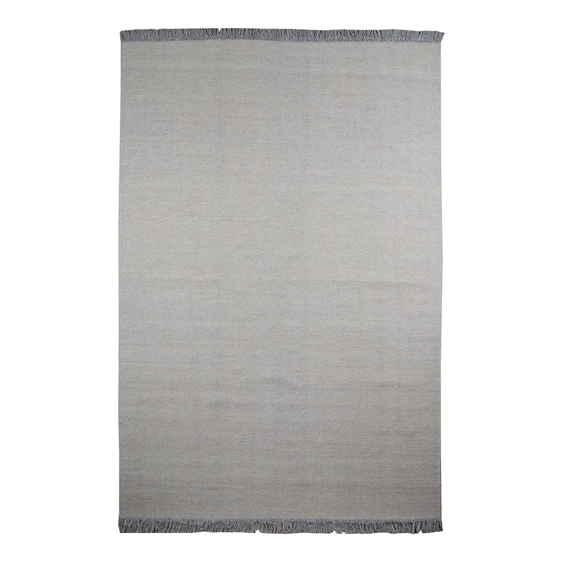 Light gray woven rug with a subtle texture and dark gray fringed edges, perfect for minimalist decor.