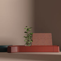 Rust-colored modular seating with textured fabric and smooth surfaces, complemented by a green plant against a neutral backdrop.