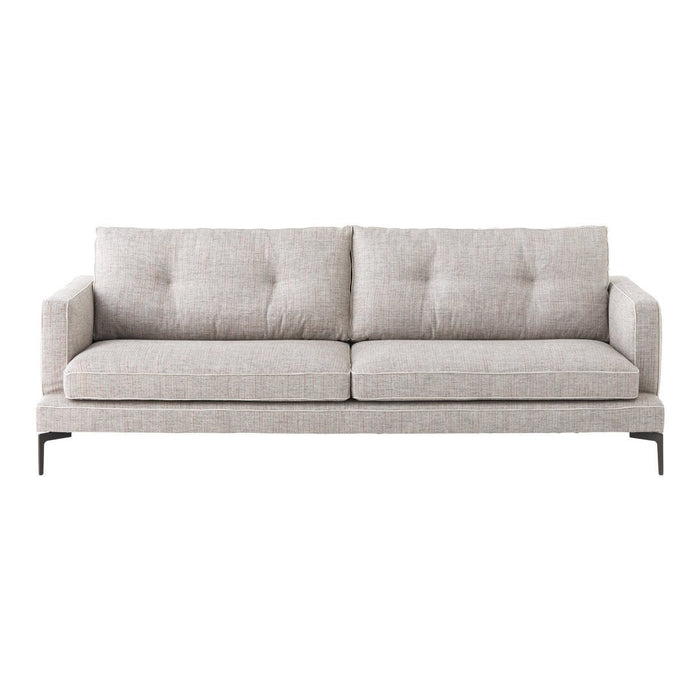 Light gray upholstered sofa with tufted cushions and sleek metal legs, perfect for modern living spaces.
