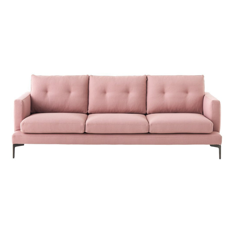 Soft pink upholstered sofa with tufted cushions and sleek metal legs, perfect for modern living spaces.