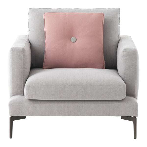 Light gray upholstered chair with a pink button-accented cushion, featuring clean lines and modern design.