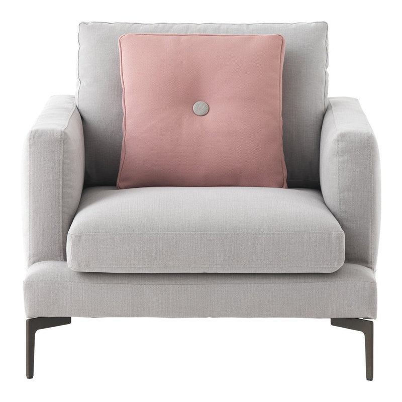 Light gray upholstered chair with a pink button-accented cushion, featuring clean lines and modern design.