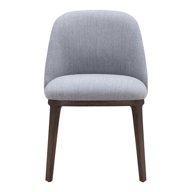 Gray upholstered chair with a smooth, modern design and contrasting dark wooden legs. Minimalist and stylish.