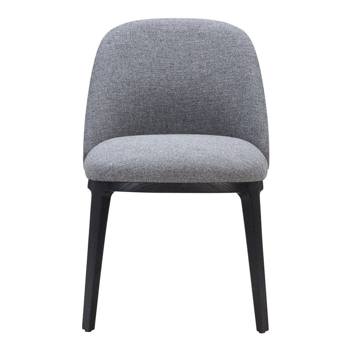 Gray upholstered chair with a smooth fabric texture and minimalistic design, featuring black wooden legs.