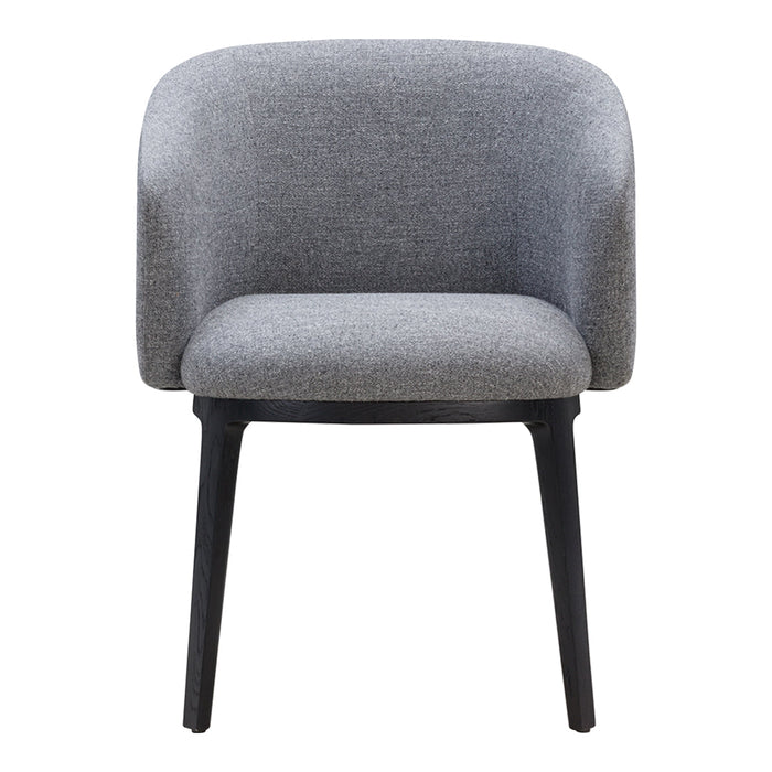 Gray upholstered chair with a smooth fabric and black wooden legs, featuring a minimalist design.
