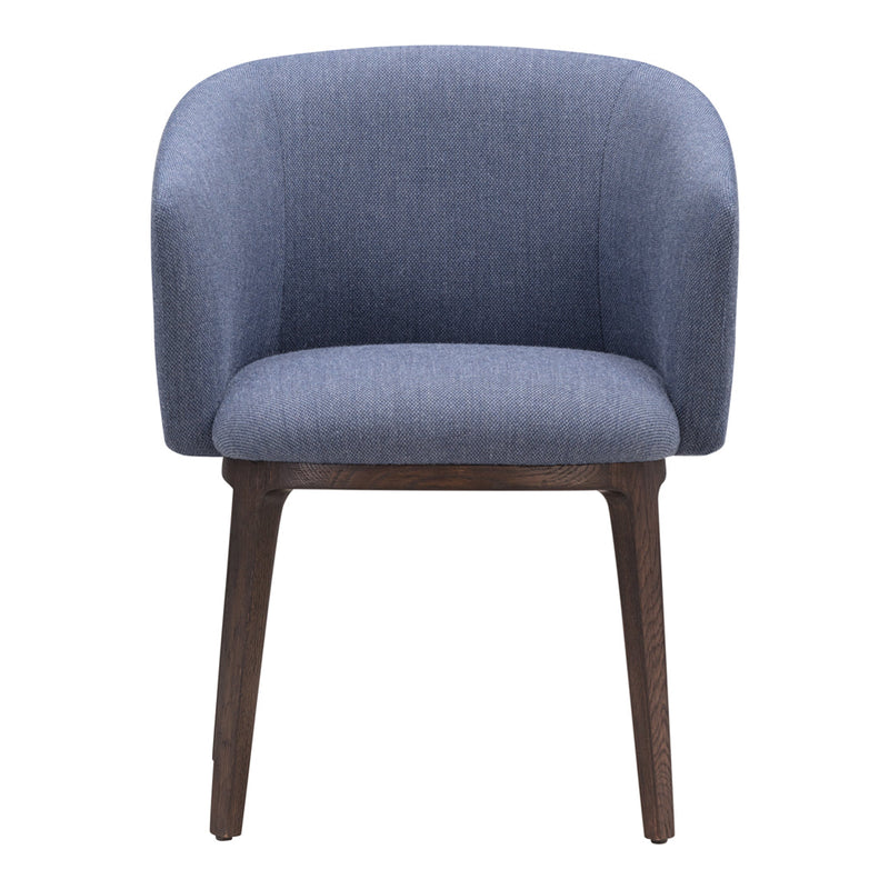 Light blue upholstered chair with a smooth texture and dark wood legs, offering a modern and stylish design.