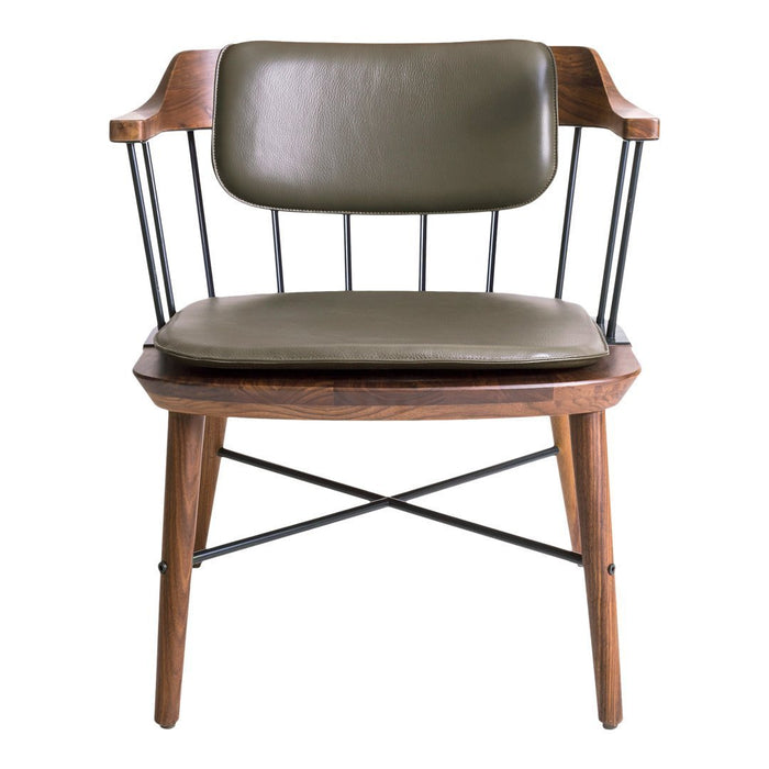 Olive green leather seat on a wooden frame with black metal accents, featuring clean lines and a modern design.