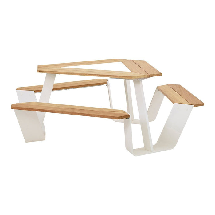 Modern picnic table featuring natural wood tones and a sleek white base, combining geometric lines with a minimalist design.