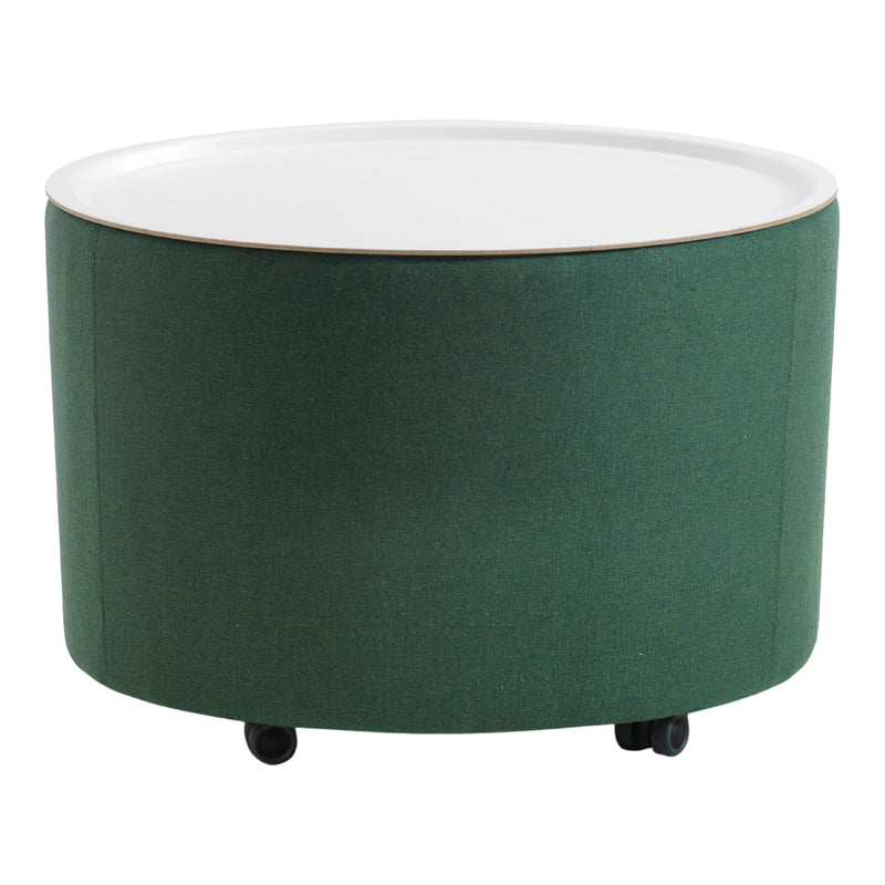 Green upholstered round coffee table with a white top and subtle texture, featuring black rolling wheels.