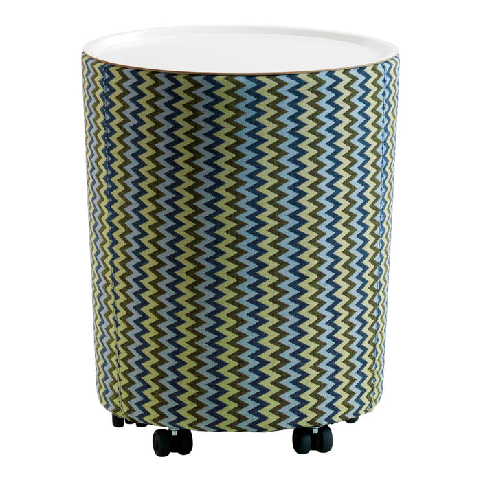 Round fabric storage bin with bold zigzag pattern in green, blue, and navy hues on a white background.
