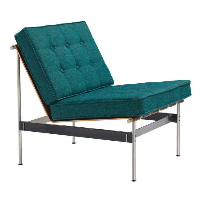 Teal tufted lounge chair with a wooden frame and sleek metal legs, featuring a modern, minimalist design.