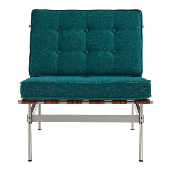 Teal tufted fabric sofa with a sleek metal frame and wooden slats, perfect for modern decor.