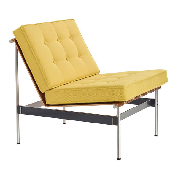 Stylish yellow upholstered lounge chair with tufted pattern and sleek metal frame. Perfect for modern interiors.