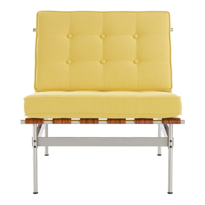 Yellow tufted cushion chair with wooden slats and sleek metal frame, perfect for modern decor.