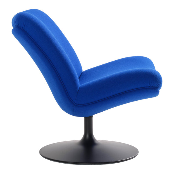 Vibrant royal blue chair with a soft, curved design and a sleek black base. Modern style for any room.