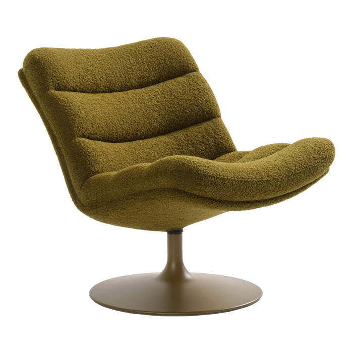 Olive green swivel chair with textured fabric and smooth, curved design against a white background.