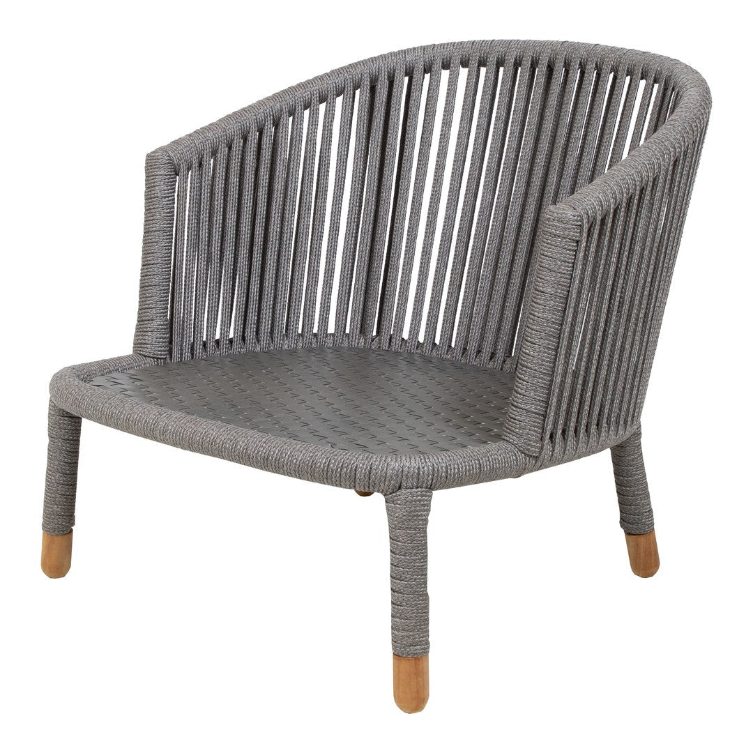Stylish gray woven chair with a modern curved design and natural wood legs, perfect for contemporary decor.