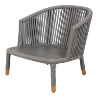 Stylish gray woven chair with a modern curved design and natural wood legs, perfect for contemporary decor.