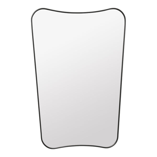 Stylish mirror with a smooth, clear surface and a sleek black border, featuring a modern, rounded shape.