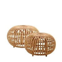 Natural bamboo woven baskets with a round shape and open, airy design, featuring light brown tones. Perfect for decor.
