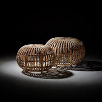 Natural woven rattan baskets in circular shapes, showcasing a light brown hue and intricate open patterns.