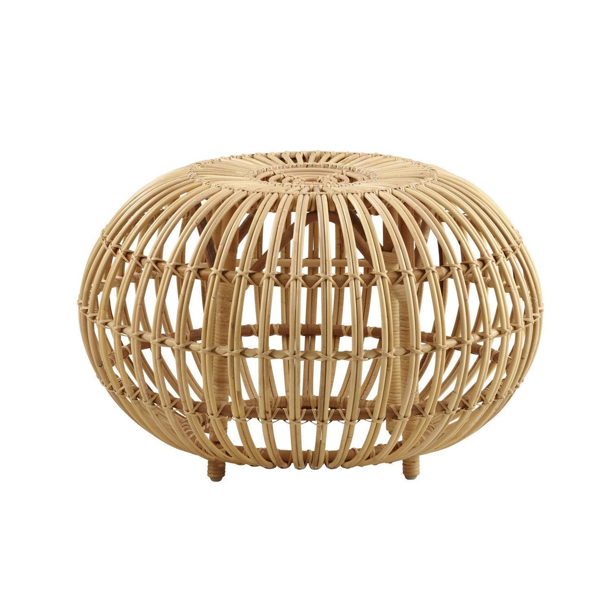 Natural woven rattan pouf in a round design, featuring an intricate lattice pattern in warm beige tones.