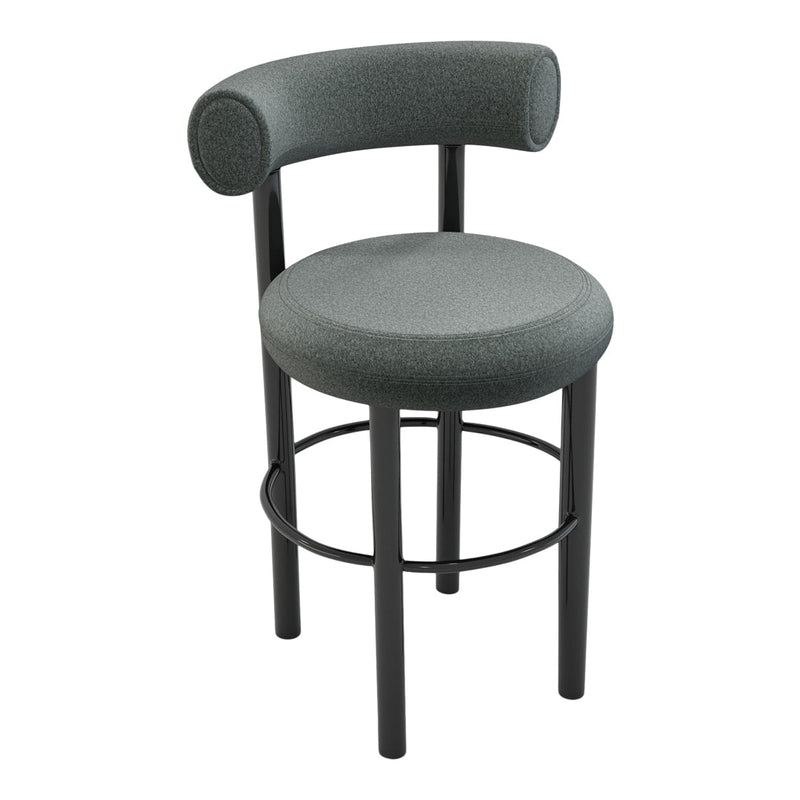 Stylish gray bar stool with rounded back, soft fabric upholstery, and sleek black metal legs. Perfect modern accent piece.