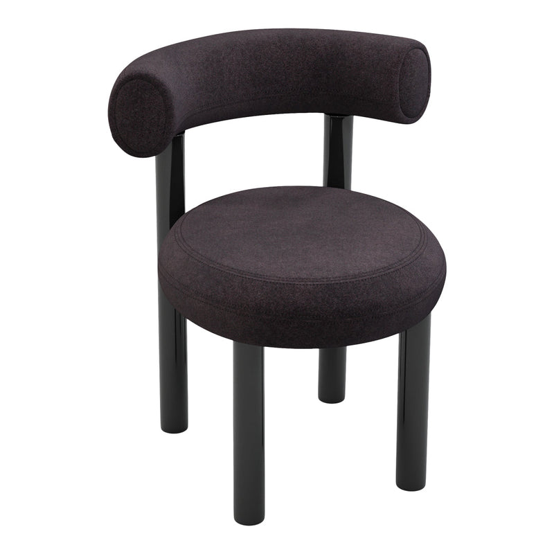 Black round chair with curved armrest, featuring a textured fabric finish and sleek black legs. Ideal modern decor.
