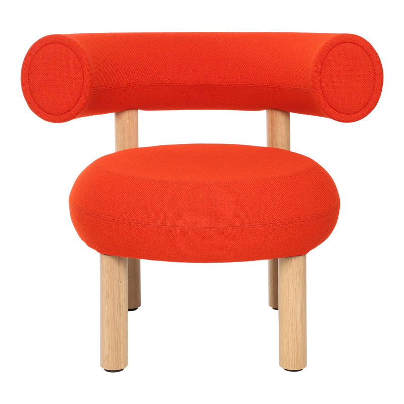 Bright orange modern chair with rounded backrest and armrests, featuring a textured fabric and natural wood legs.