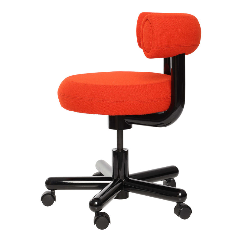 Orange upholstered chair with a sleek black base and modern design, featuring a round seat and rolled backrest.
