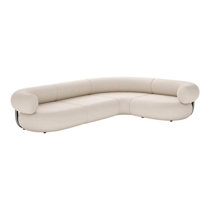 Curvy beige sofa with smooth, streamlined design and subtle texture, perfect for modern living spaces.