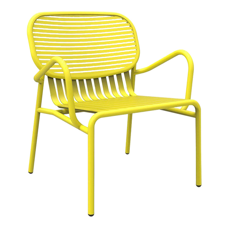 Bright yellow chair with slatted design and minimalist structure, perfect for outdoor or modern decor.