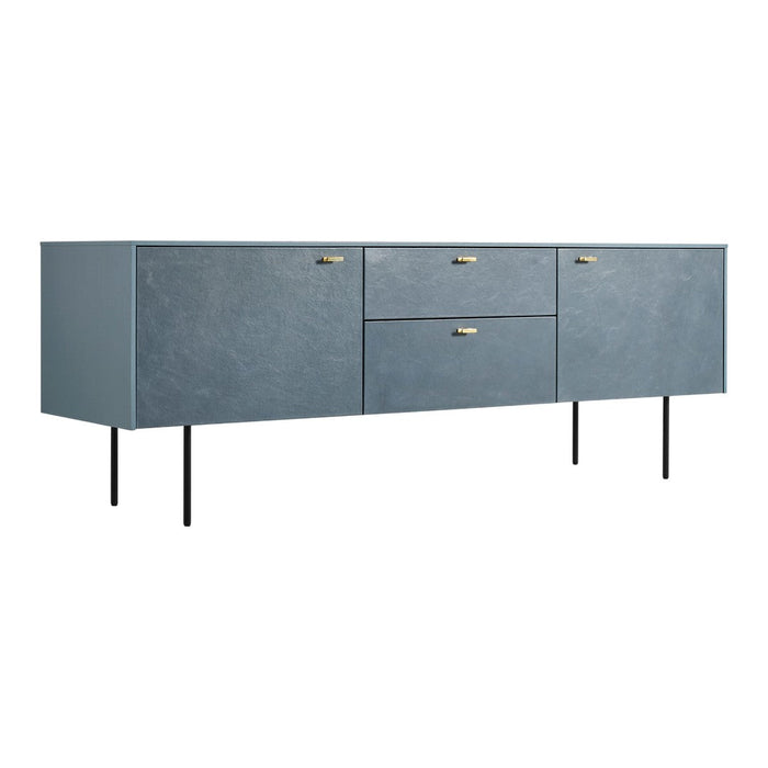 "Stylish blue sideboard with textured finish and gold accents on drawers, complemented by sleek black legs."