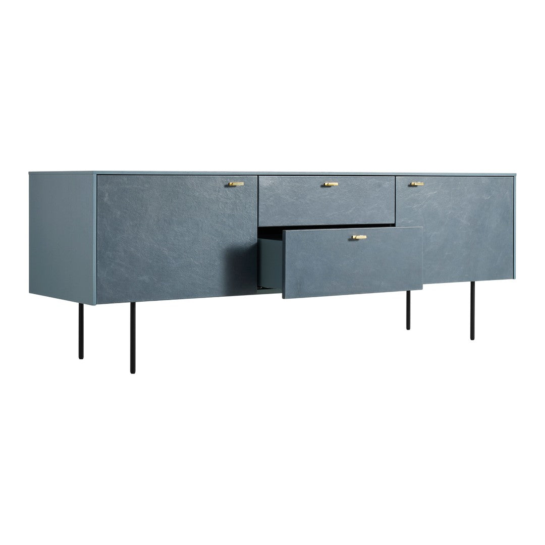 Modern blue sideboard with sleek texture and brass handles on a minimalist black frame.
