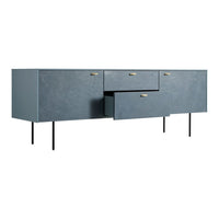 Modern blue sideboard with sleek texture and brass handles on a minimalist black frame.