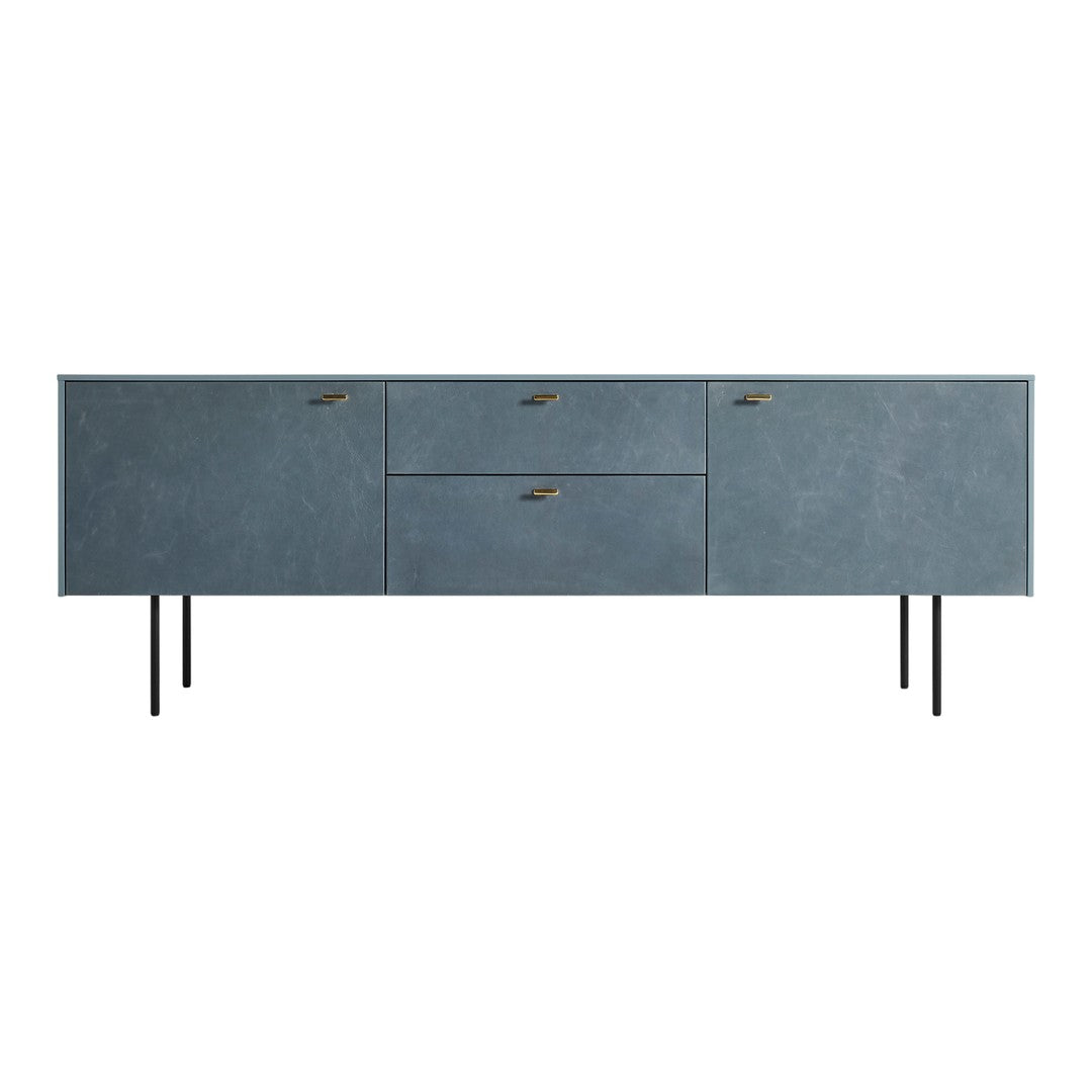 Blue textured sideboard with gold handles and black metal legs, featuring a minimalist design and modern aesthetic.