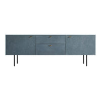 Blue textured sideboard with gold handles and black metal legs, featuring a minimalist design and modern aesthetic.
