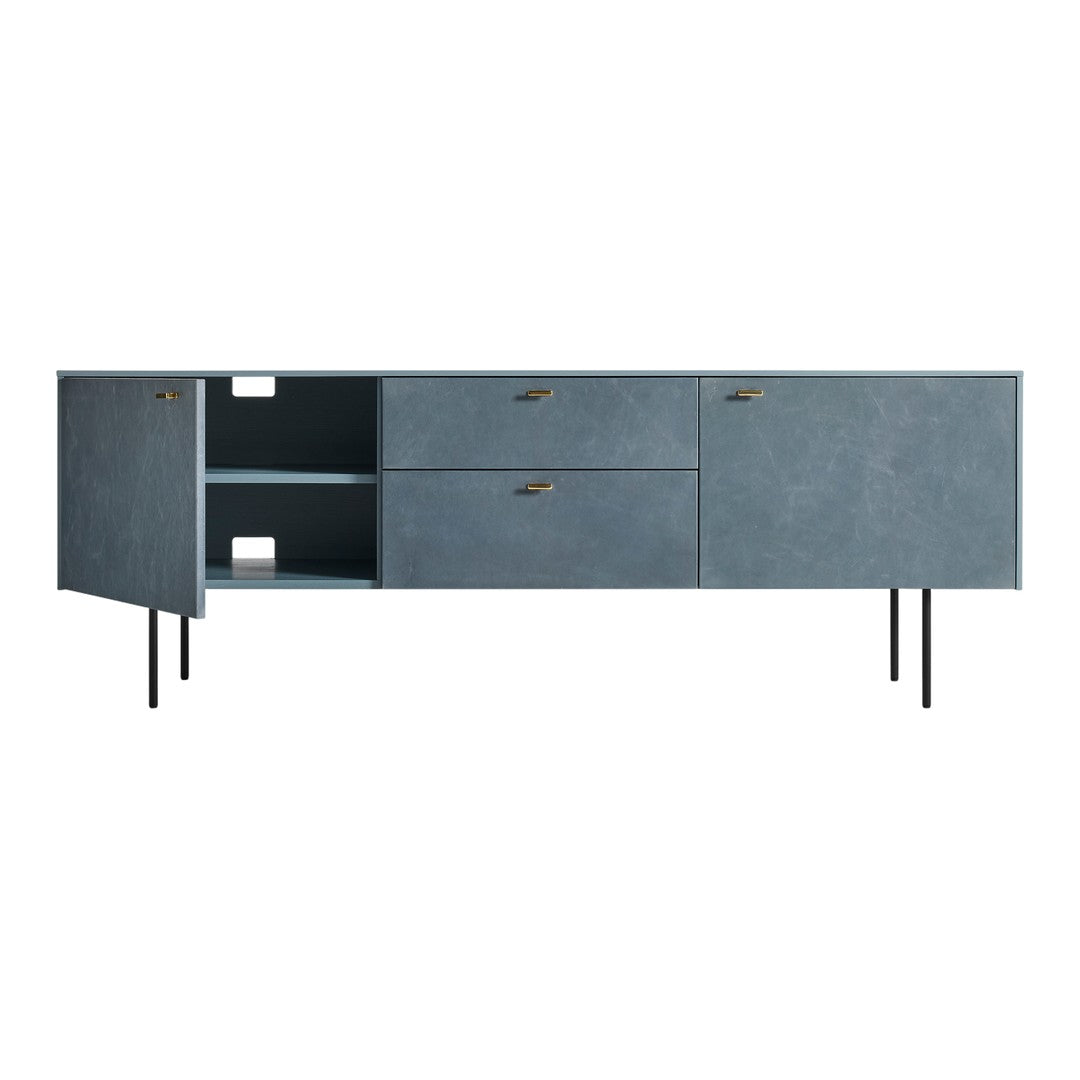 Stylish blue sideboard with a textured finish and sleek gold hardware accents. Modern design perfect for any decor.