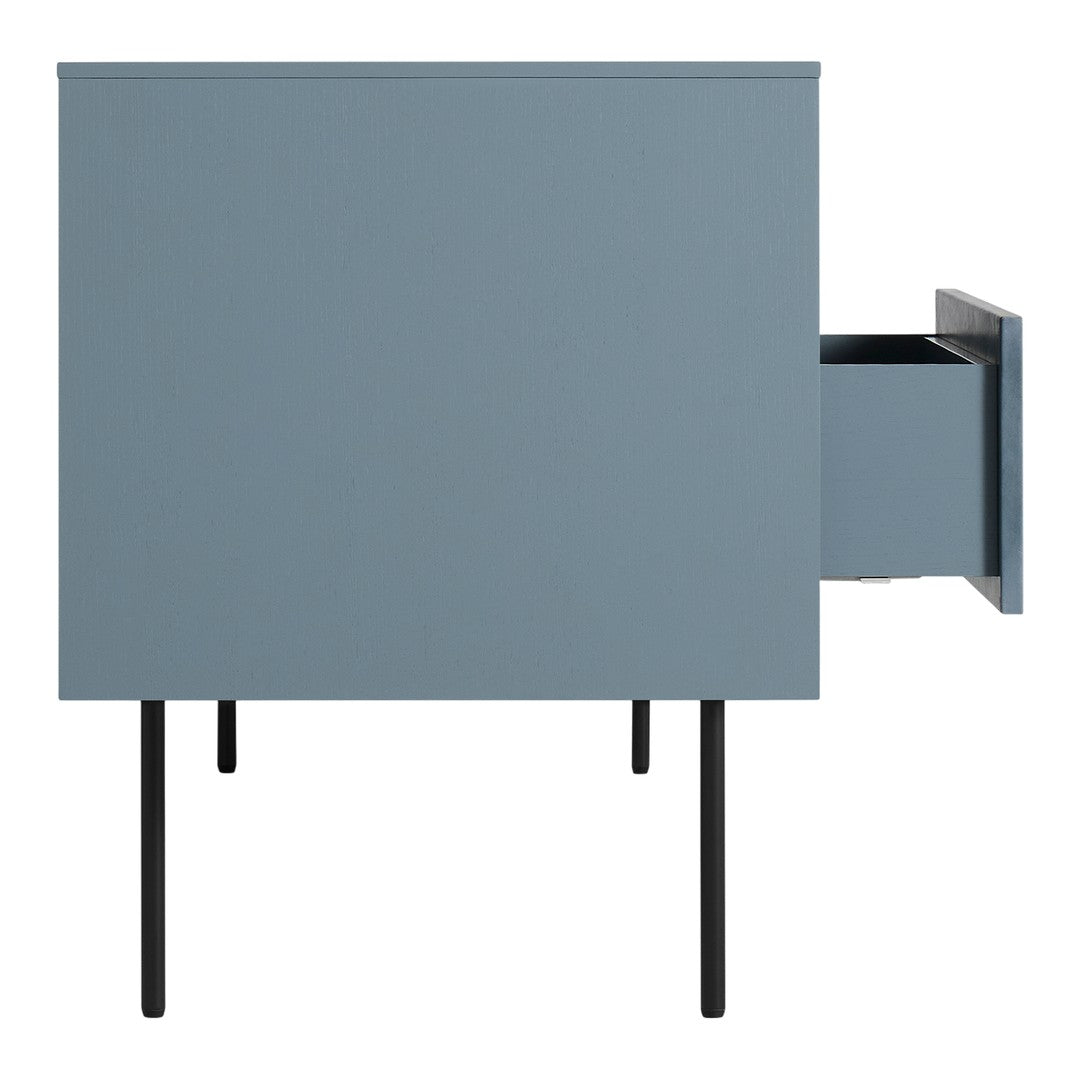 Blue cabinet with a textured finish and black metal legs, featuring a sleek design and minimalist look.