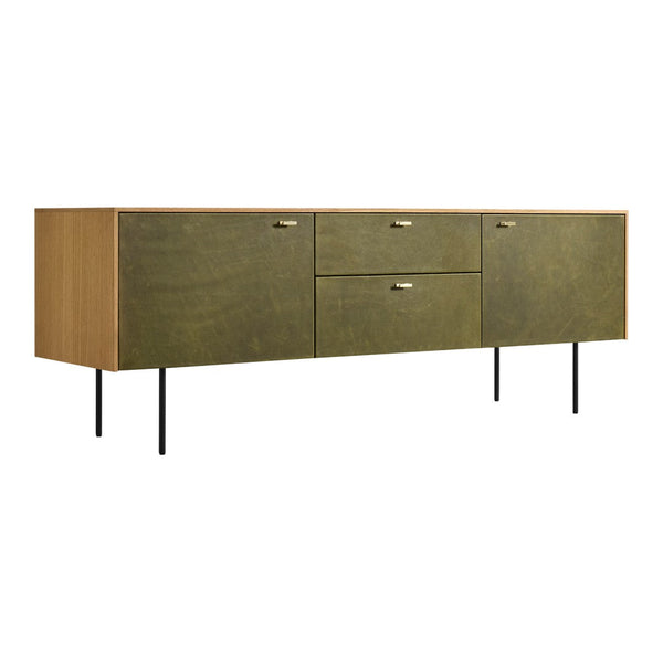 Wooden sideboard with olive green doors and gold handles, featuring a modern design on black legs.