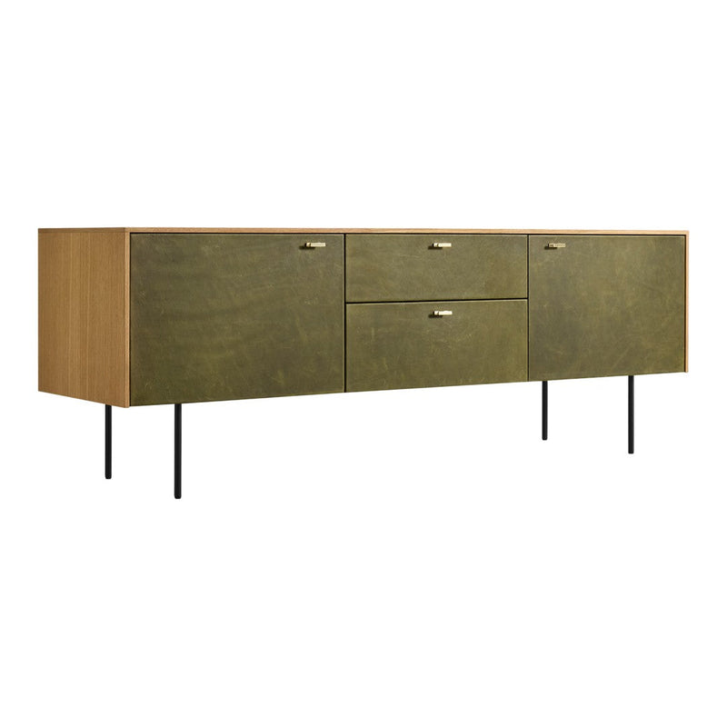 Wooden sideboard with olive green doors and gold handles, featuring a modern design on black legs.