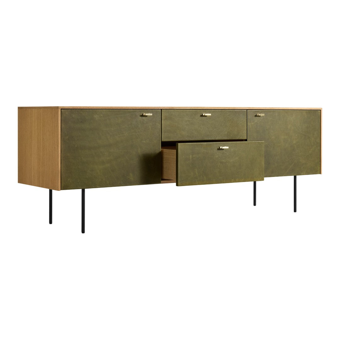 Olive green cabinet with natural wood accents and sleek black legs, featuring a smooth, minimalist design.