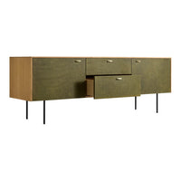 Olive green cabinet with natural wood accents and sleek black legs, featuring a smooth, minimalist design.