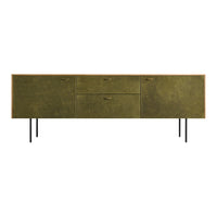 Olive green sideboard with textured finish and wood accents, featuring sleek black legs for a modern look.
