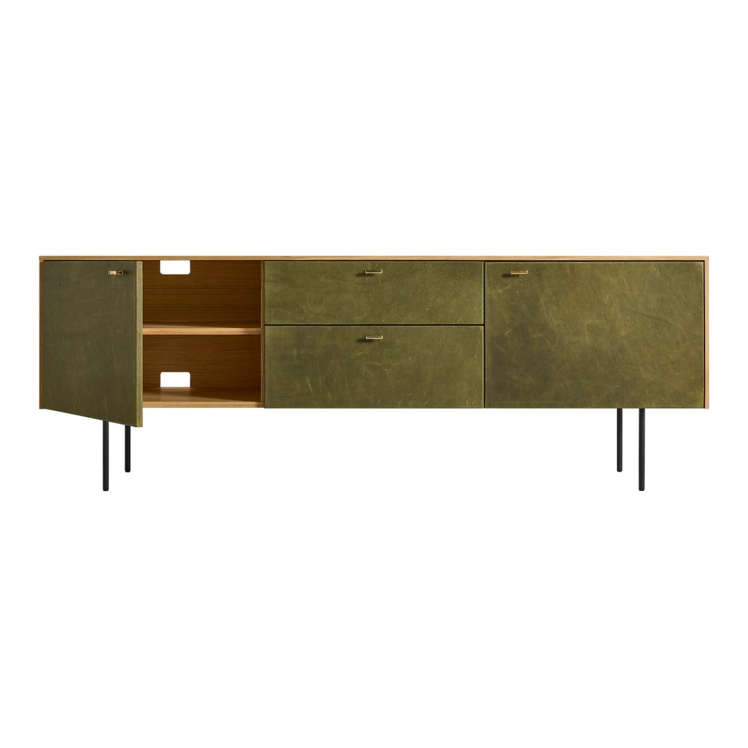 Green textured finish with wood tones and sleek black legs, perfect for modern decor.