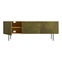 Green textured finish with wood tones and sleek black legs, perfect for modern decor.