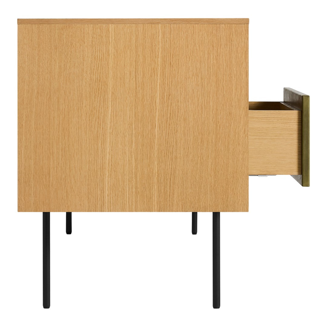 Light oak wooden cabinet with a smooth grain finish and sleek black legs, featuring an open drawer.