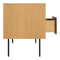 Light oak wooden cabinet with a smooth grain finish and sleek black legs, featuring an open drawer.